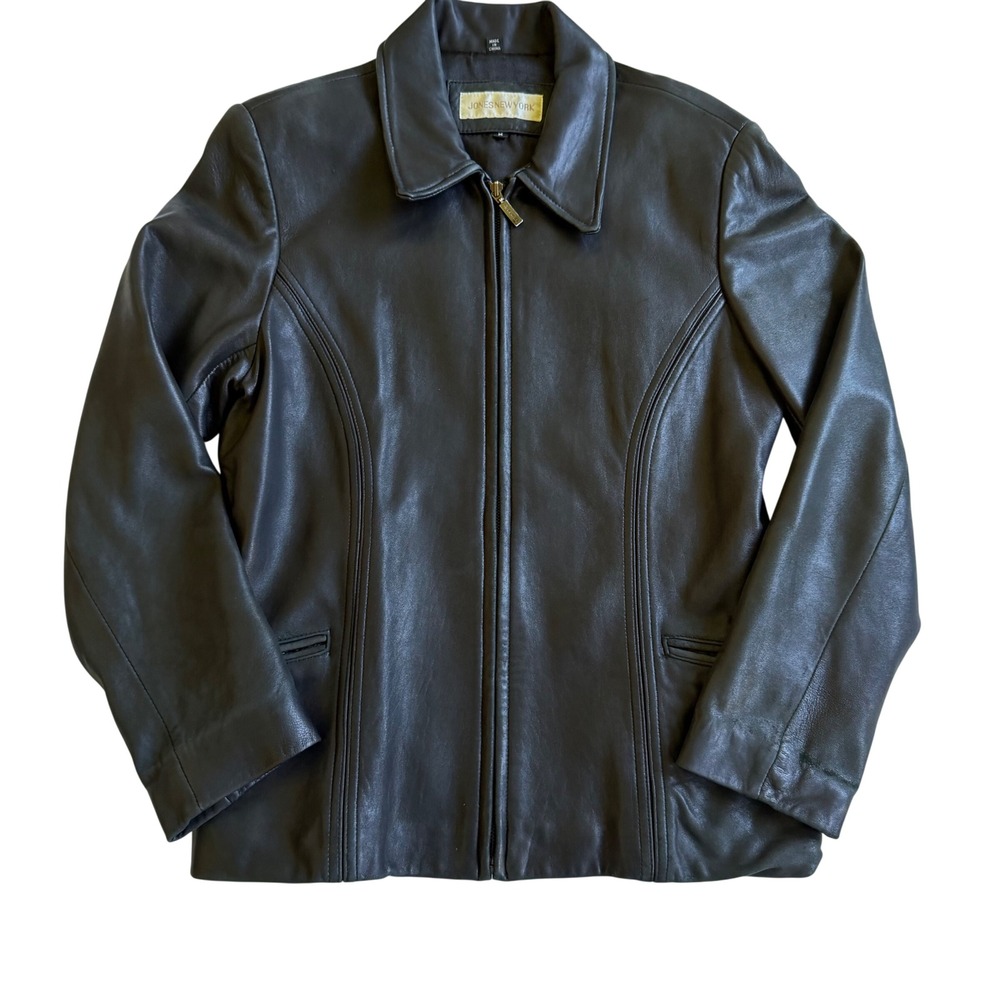 Jones New York Black Leather Jacket Women M Zip Front Classic Minimalist Vintage